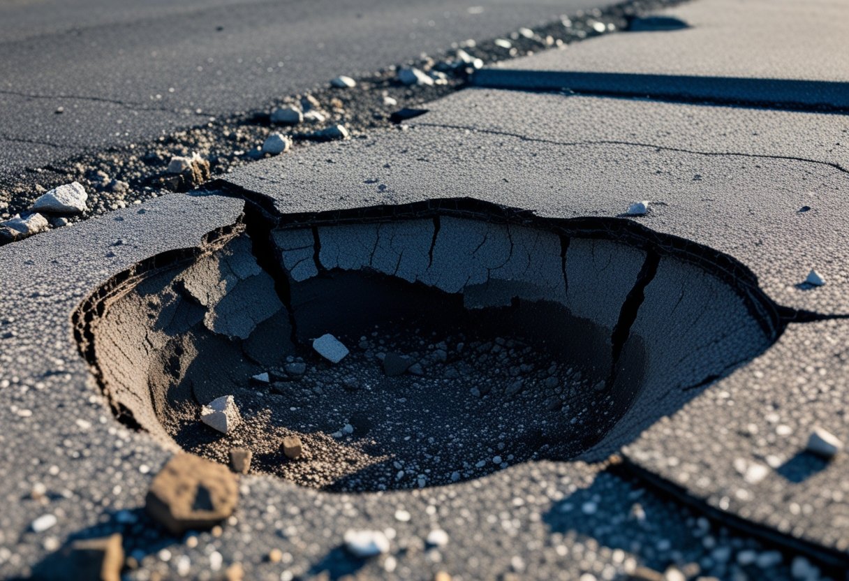 Close-up of asphalt pavement with a visible sinkhole showing cracked edges and exposed soil beneath.