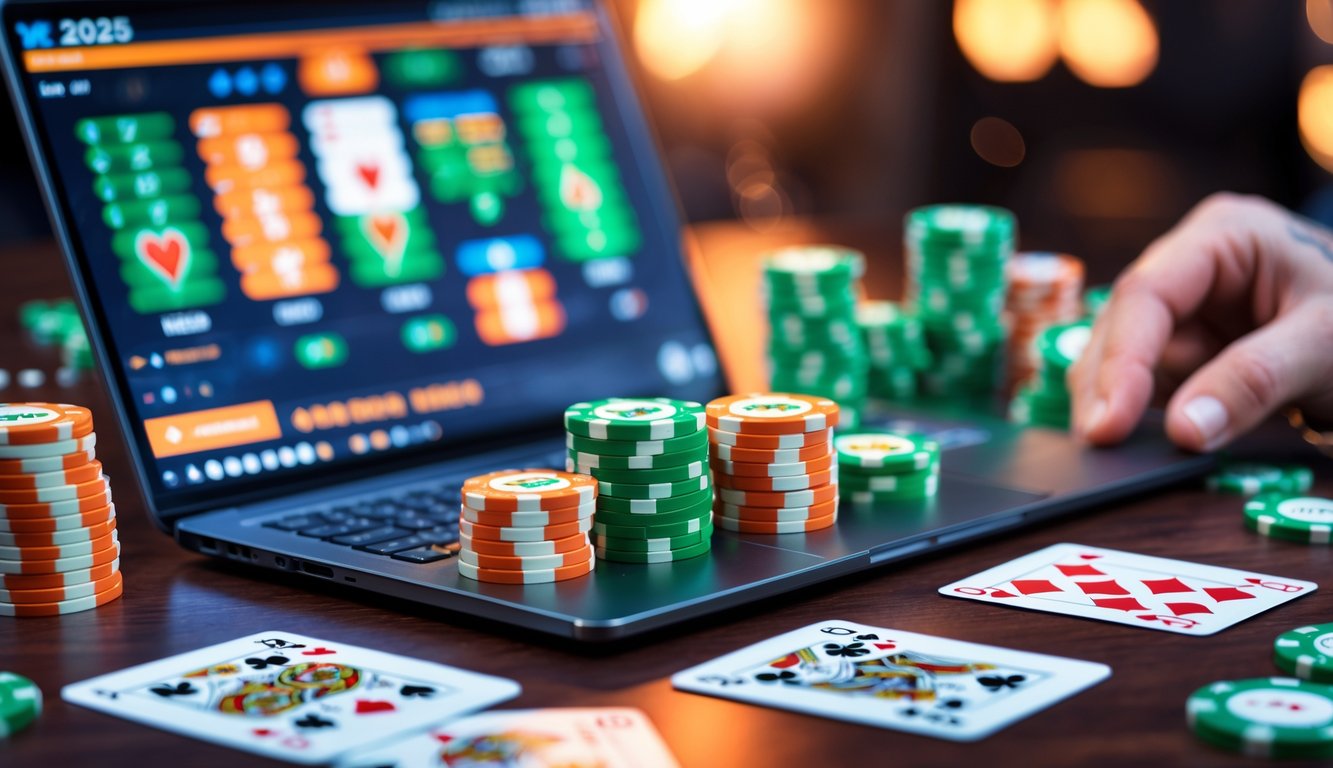 Seorang pemain poker menggunakan laptop dengan tumpukan chip poker berwarna hijau, putih, dan oranye di atas meja kayu.