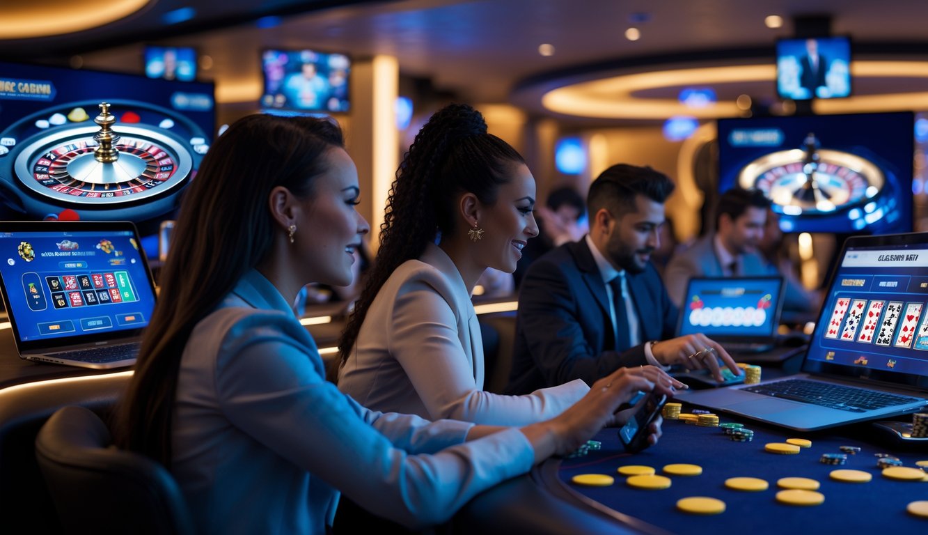 Orang-orang sedang bermain permainan kasino online dengan perangkat digital di lingkungan kasino modern.