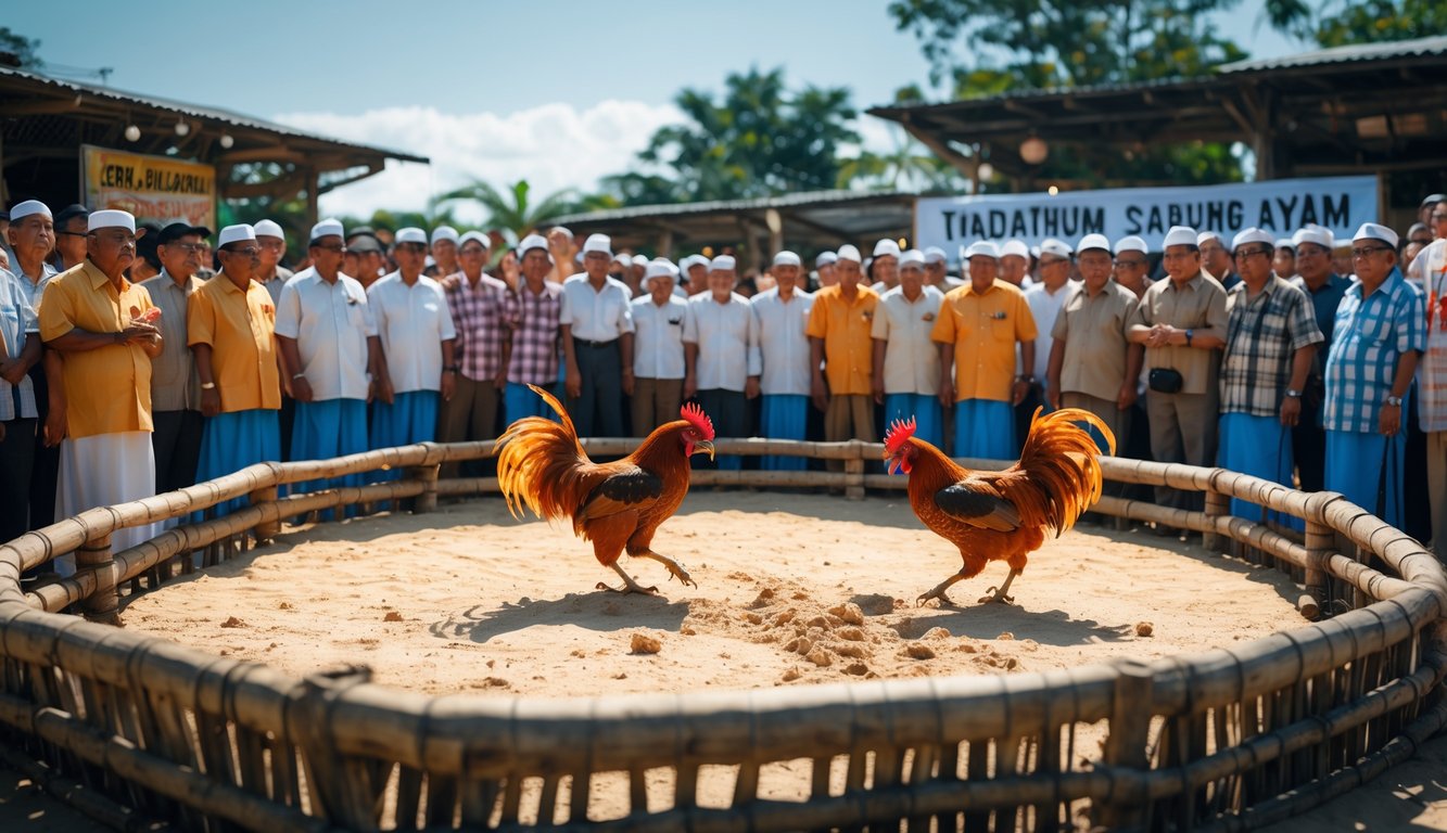 Dua ayam jantan sedang bertarung di arena melingkar dengan penonton yang mengelilingi, menunjukkan suasana pertandingan sabung ayam yang terjadwal.