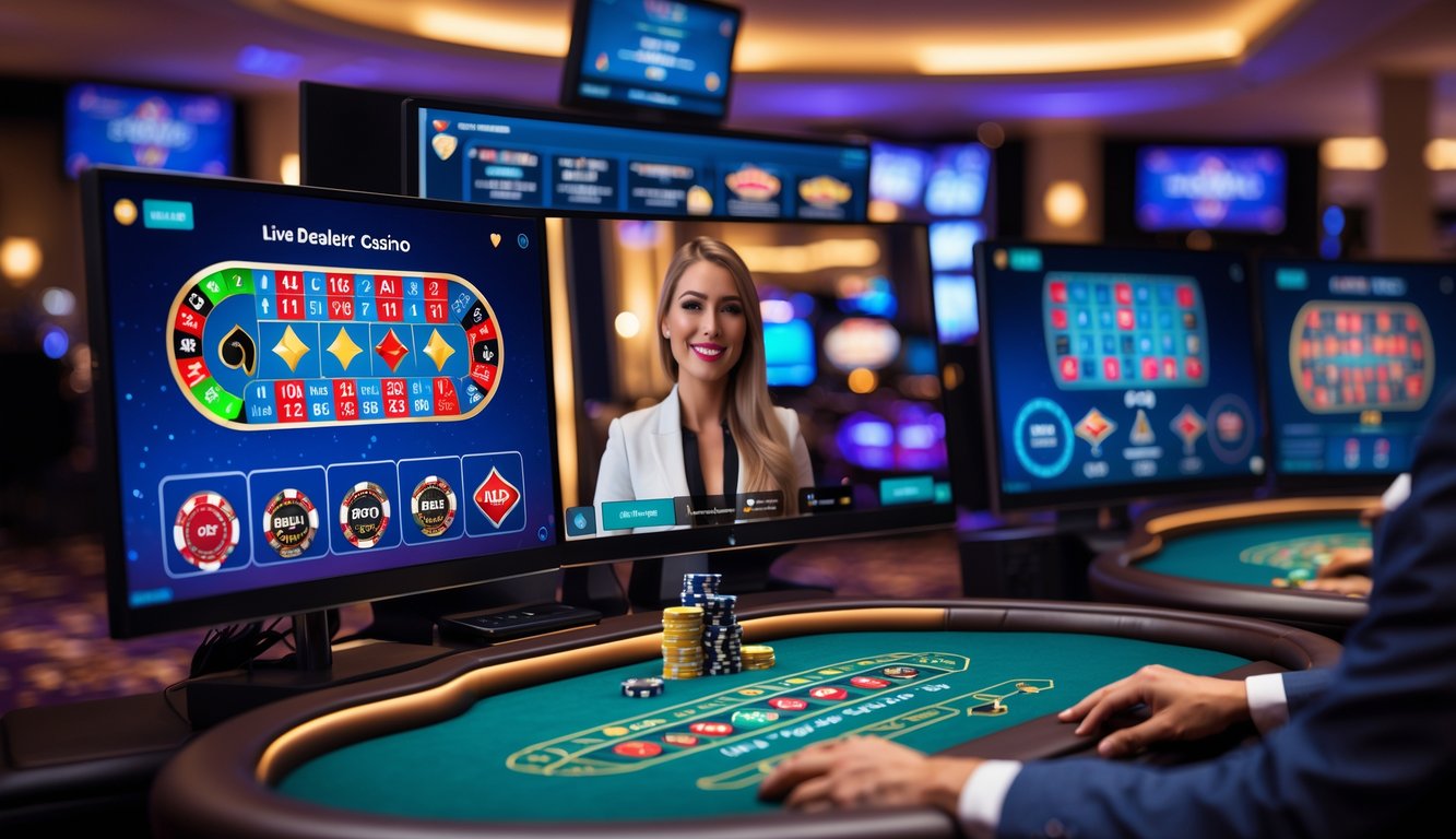 Suasana kasino online langsung dengan dealer yang ramah dan beberapa layar menampilkan permainan kasino secara real-time.