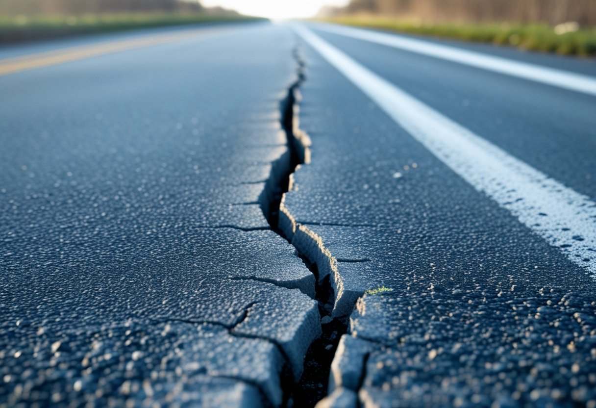 Close-up of a paved road with long parallel cracks running along its surface outdoors.