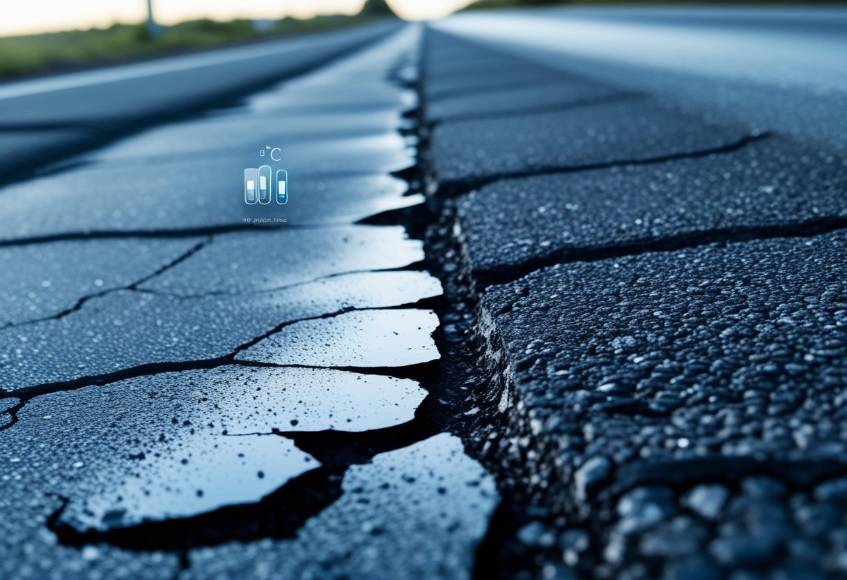 Close-up of an asphalt road surface with visible cracks and damage under clear daylight.