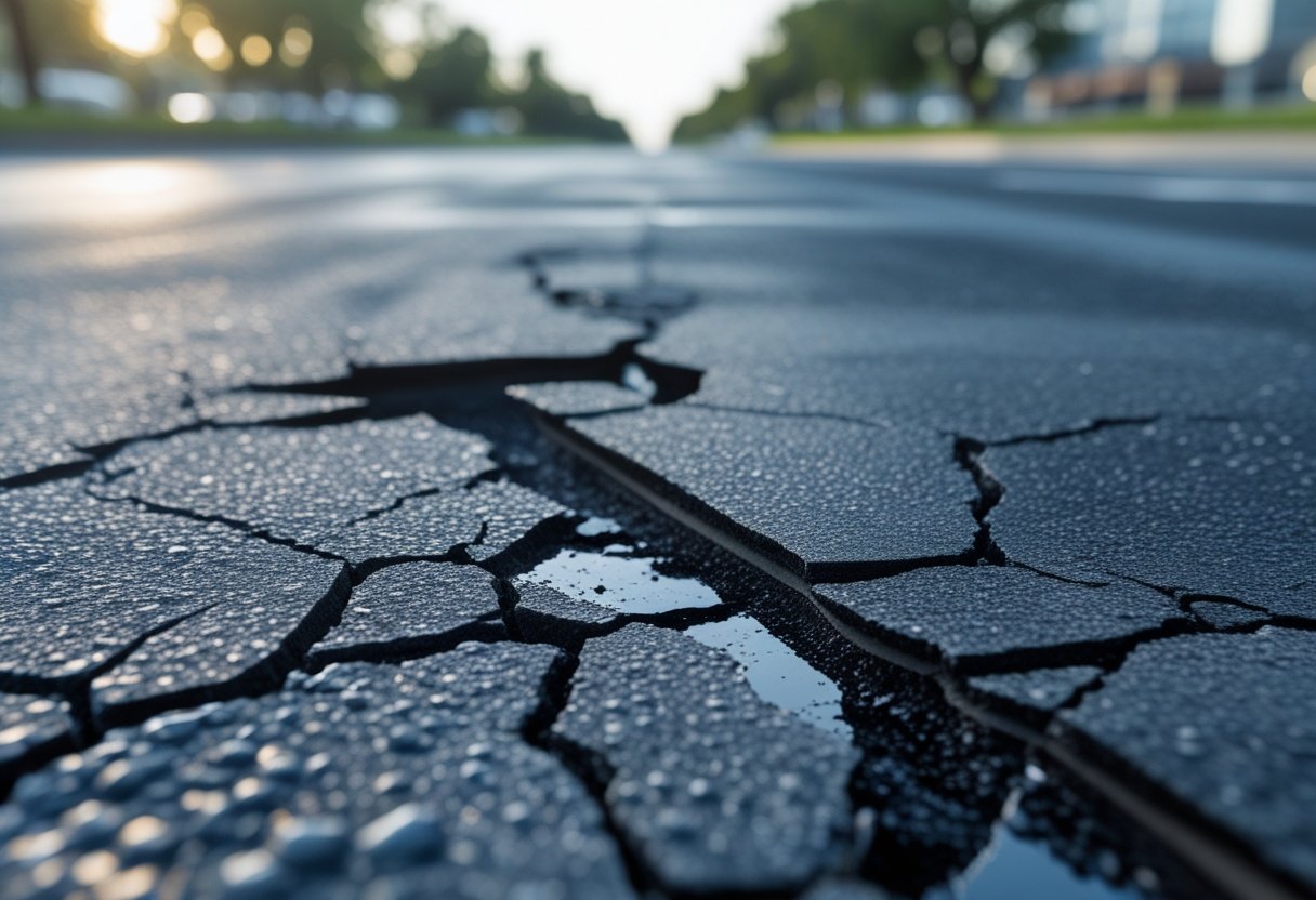 Close-up of damaged asphalt road surface showing cracks and potholes with trees and sky in the background.