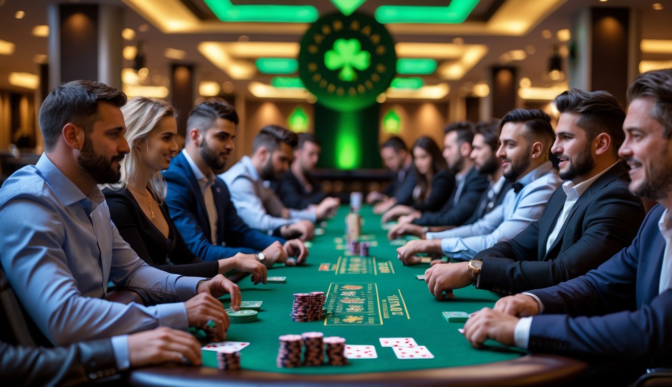 Suasana turnamen poker dengan pemain yang serius di meja hijau di sebuah kasino dengan dekorasi bertema Irlandia.