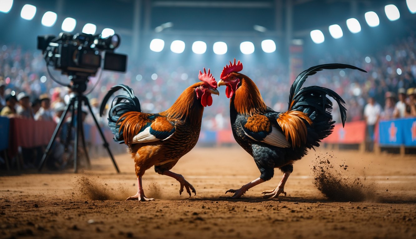 Dua ayam jago sedang bertarung di arena Sabung Ayam dengan penonton dan peralatan siaran di latar belakang.