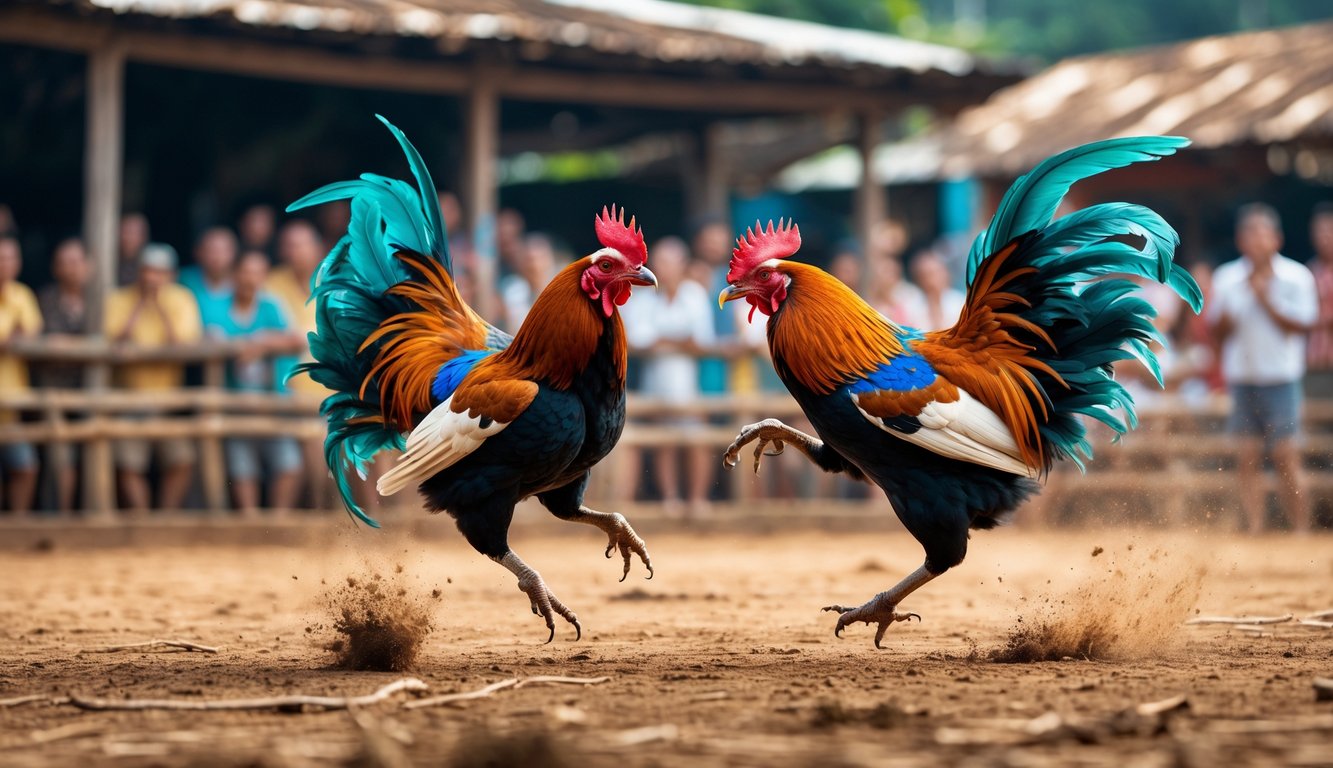 Dua ayam jago sedang bertarung di arena terbuka dengan penonton di latar belakang.