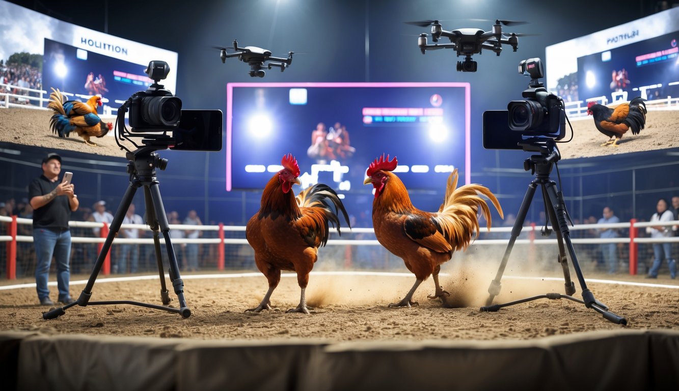 Dua ayam bertarung di arena sabung ayam modern dengan kamera dan layar besar menampilkan siaran langsung, diiringi penonton di belakang pembatas.