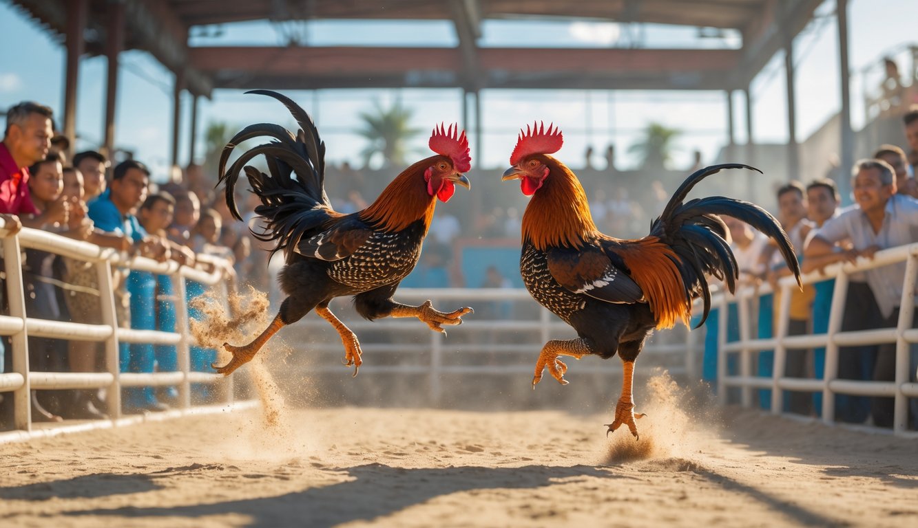 Dua ayam jago sedang bertarung di arena dengan penonton yang memperhatikan dengan serius.