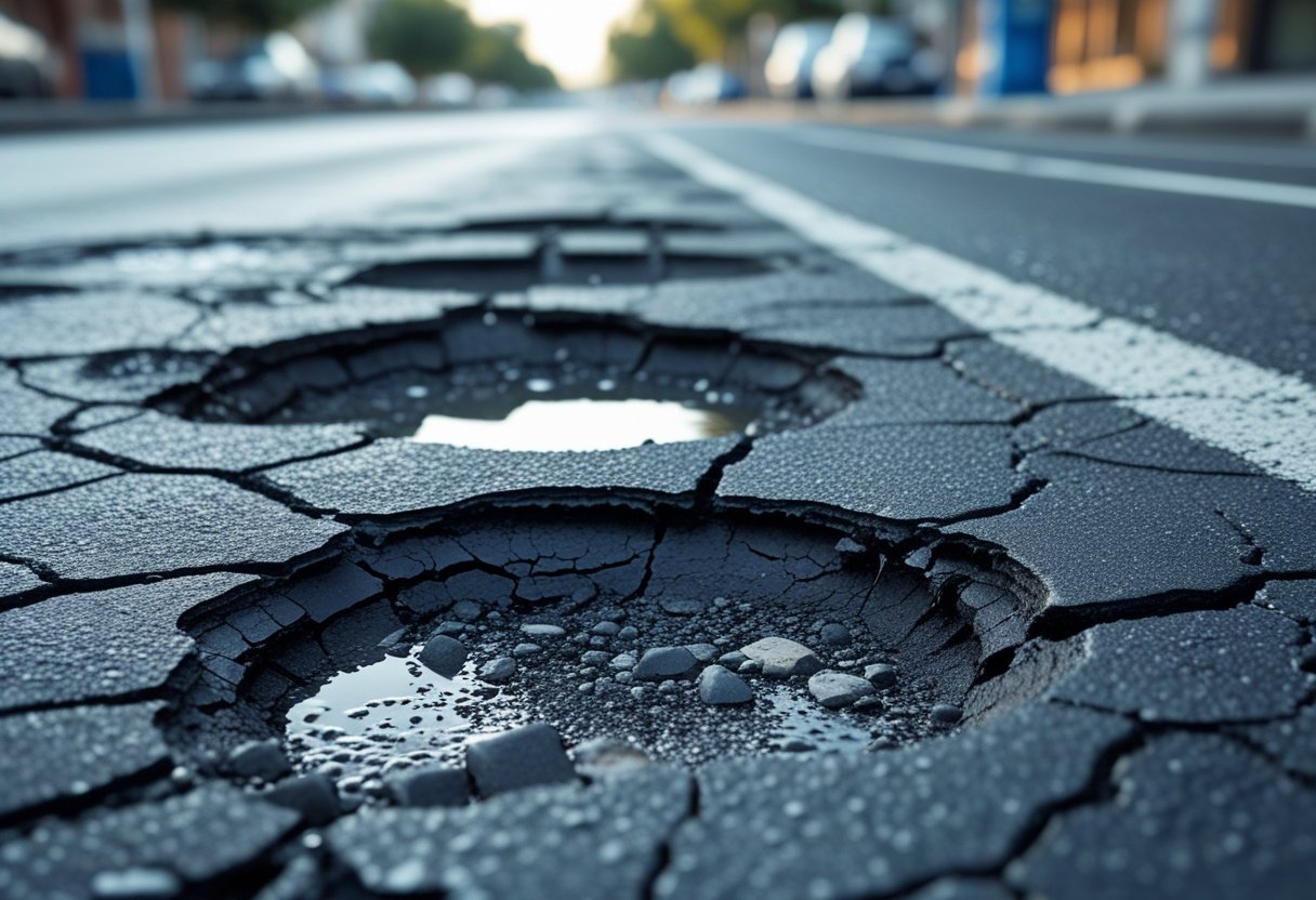 Close-up of a damaged asphalt road with several potholes filled with water and debris, showing cracks and wear on the pavement.