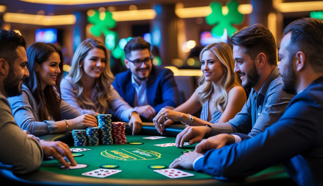 Sekelompok orang bermain poker di meja hijau dengan chip dan kartu, suasana kasino yang hidup dengan dekorasi bertema Irlandia di latar belakang.