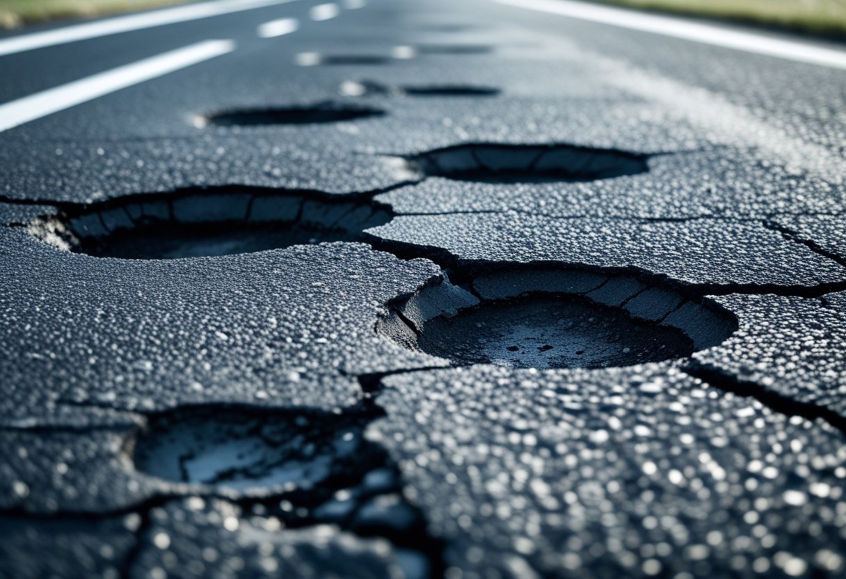Close-up of a damaged asphalt road with visible potholes and cracks.