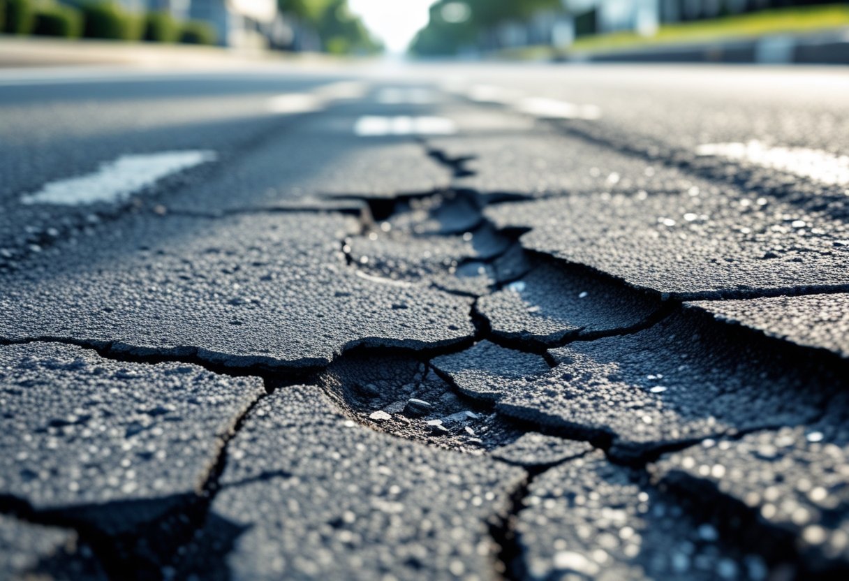 Close-up of a damaged asphalt road with visible potholes and cracks.