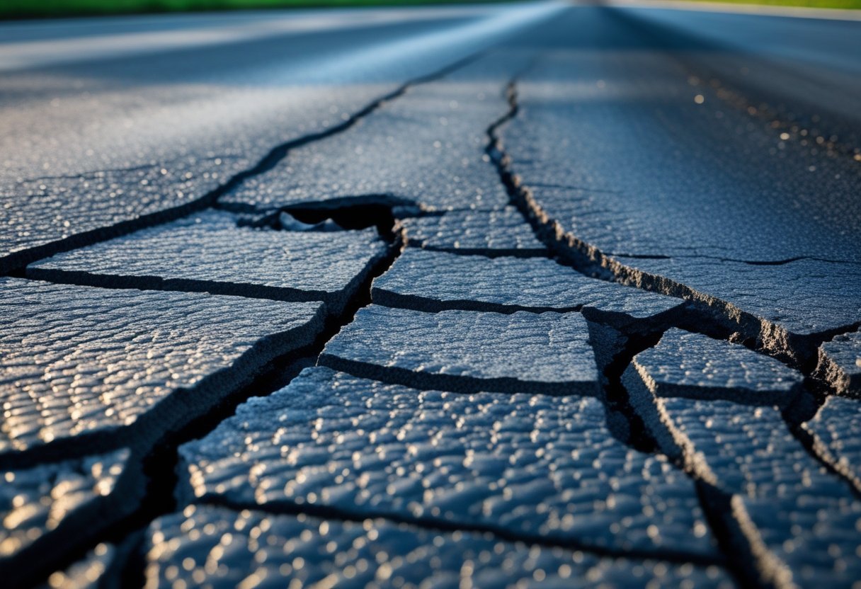 Close-up view of cracked asphalt road surface with multiple visible cracks and damage.