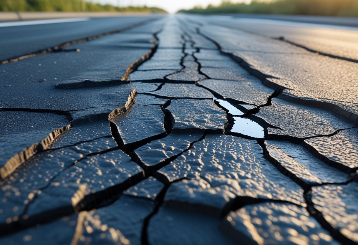 Close-up of a cracked and damaged asphalt road surface showing different types of pavement cracks and wear.
