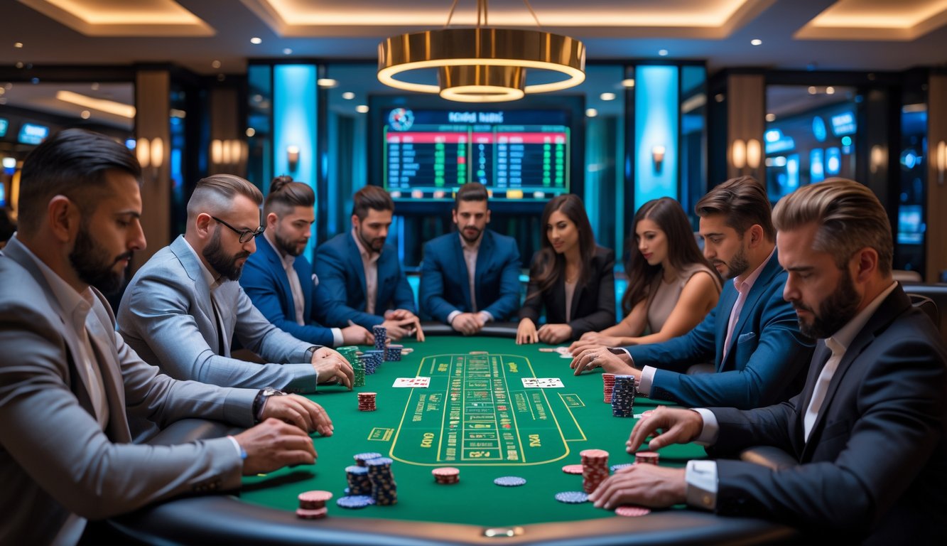 Sekelompok orang bermain poker di meja hijau dengan suasana kasino yang mewah dan fokus pada kartu dan chip.