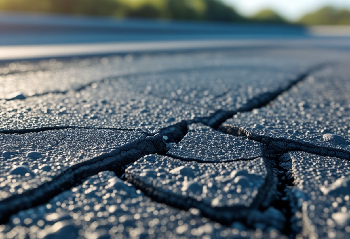 Close-up of an asphalt road surface with visible bumps, cracks, and uneven patches.
