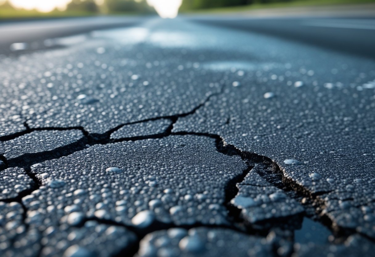 Close-up view of an asphalt road surface with visible bumps, cracks, and signs of damage.