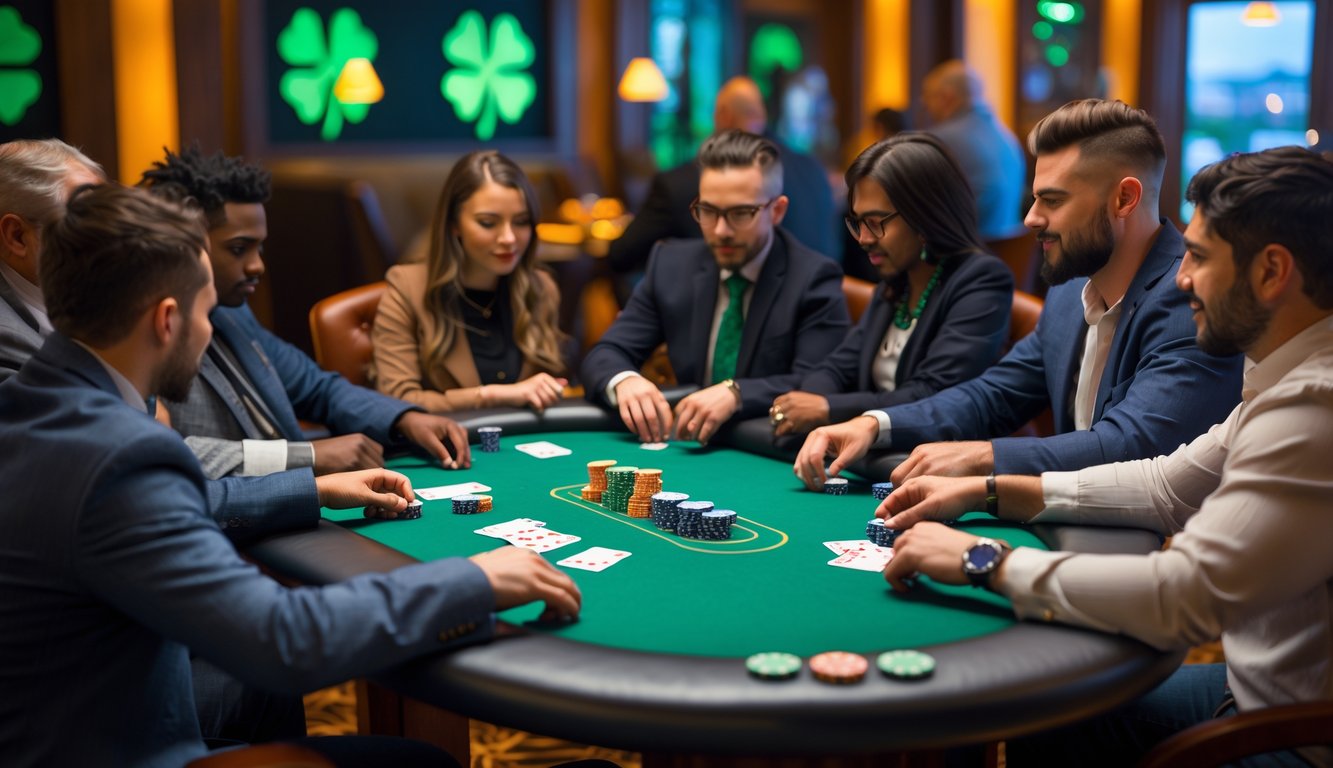 Meja poker kecil dengan beberapa pemain yang sedang bermain di ruangan dengan dekorasi bertema Irlandia.