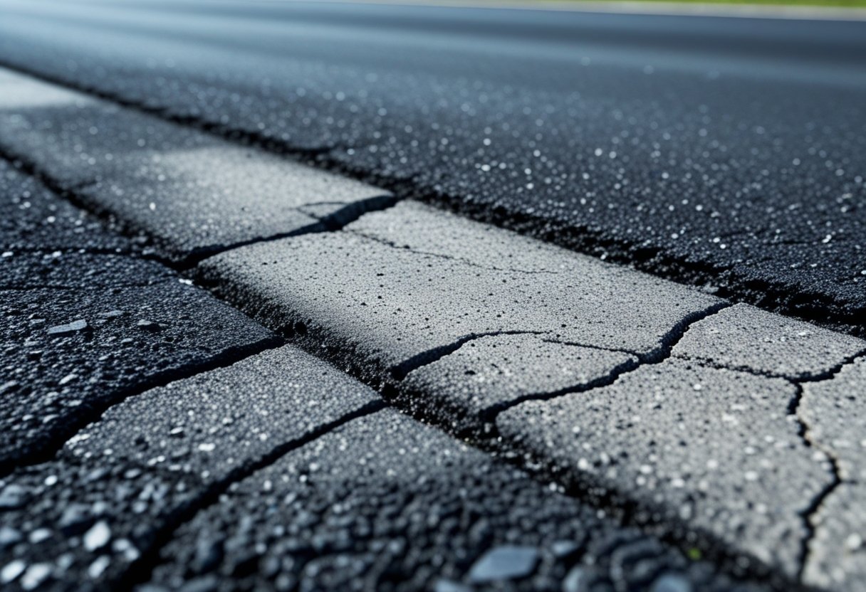 Close-up of an asphalt road surface showing faded color and visible cracks indicating deterioration.