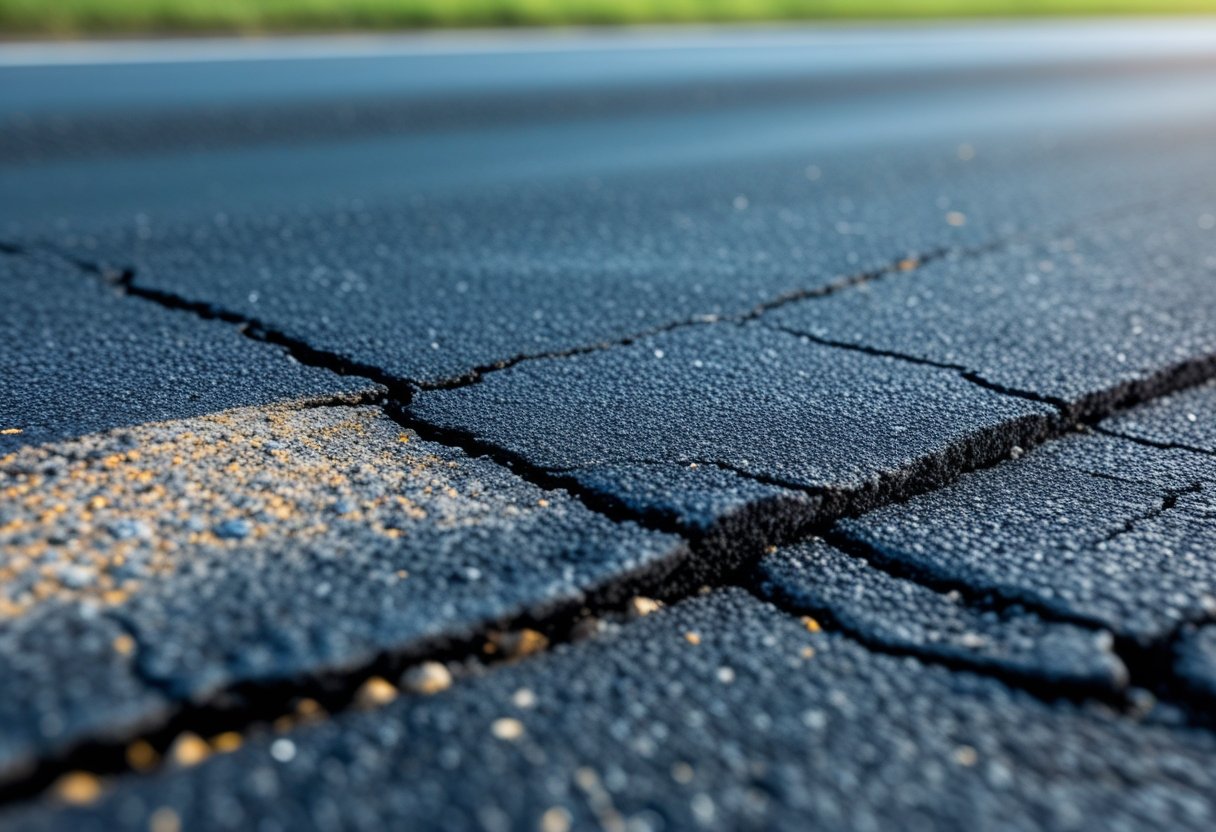 Close-up of an asphalt road surface showing fading color and small cracks indicating early signs of deterioration.