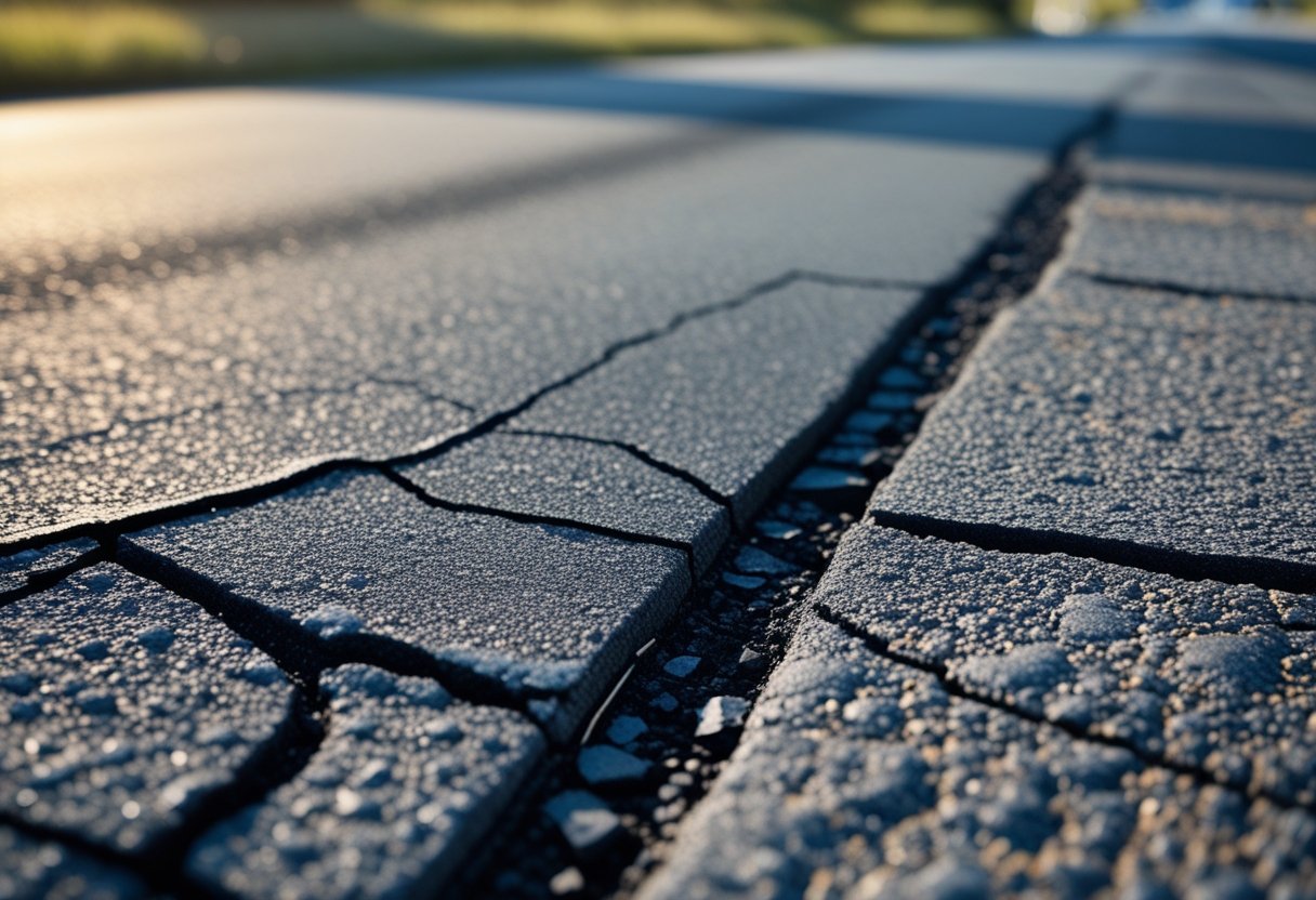 Close-up of an asphalt surface showing cracks, discoloration, and faded areas indicating surface deterioration.