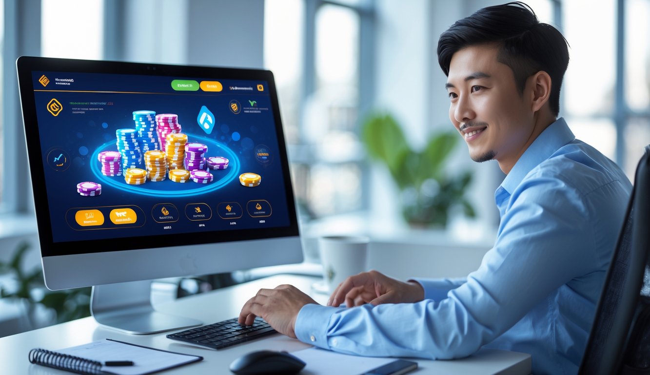 Seorang pria muda sedang menggunakan komputer dengan tampilan permainan poker online yang cerah dan modern di meja kerja yang rapi.