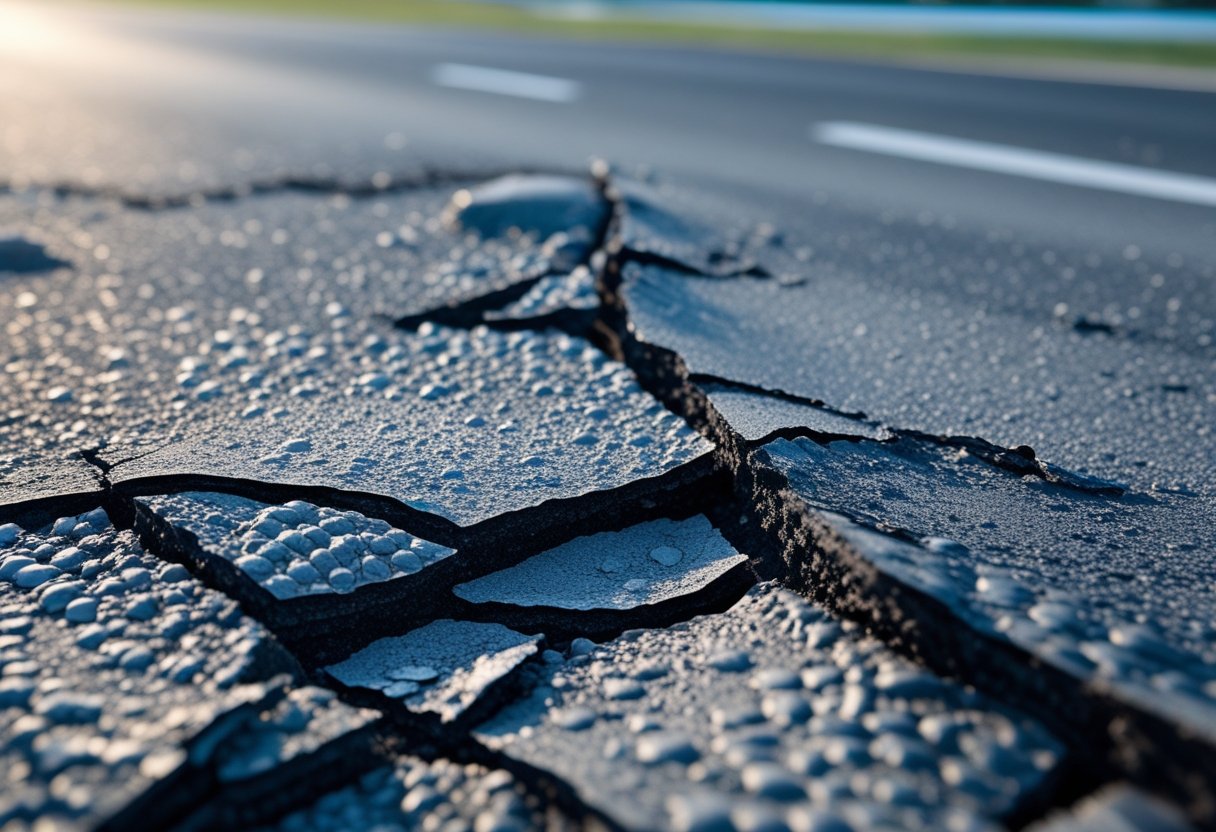Close-up of a damaged asphalt road with flaking and cracks visible on the surface.