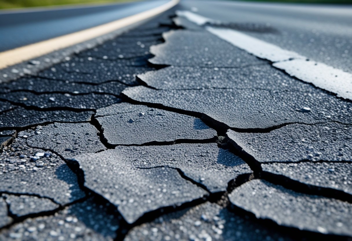 Close-up of a damaged asphalt road surface with visible flaking and cracks.