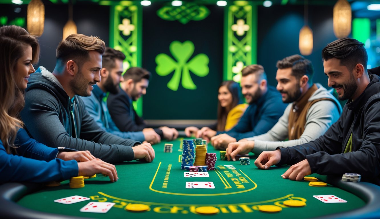 Adegan permainan poker dengan meja hijau, chip poker, dan kartu, pemain bermain dengan serius di latar belakang dengan dekorasi bertema Irlandia.