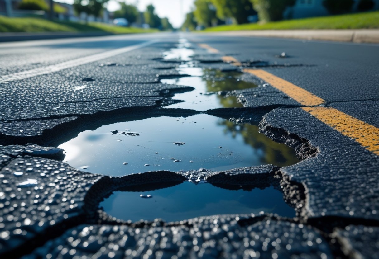 Close-up of a damaged asphalt road with water collected in potholes and cracks.