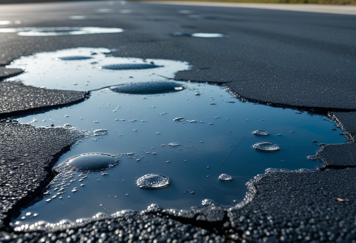 Close-up of water puddles collected on a cracked asphalt surface outdoors.