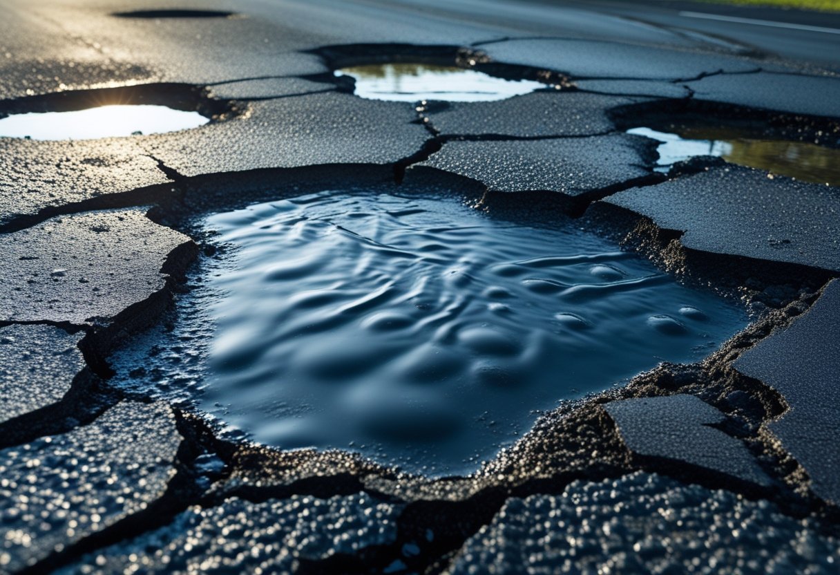 Close-up of a damaged asphalt road with water collected in cracks and potholes.