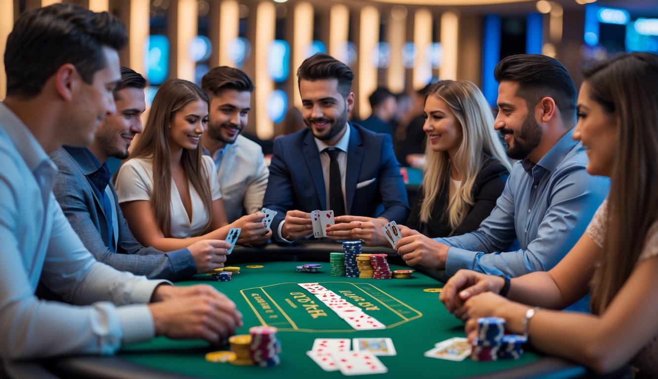 Sekelompok orang bermain poker di meja kasino yang modern dan terang.