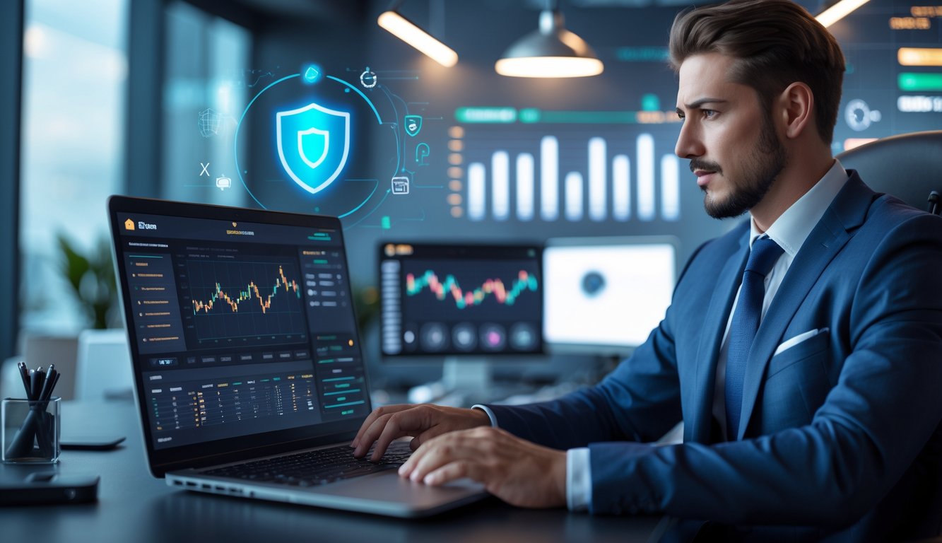 Seorang agen profesional sedang bekerja dengan laptop di kantor modern yang rapi dan terang.