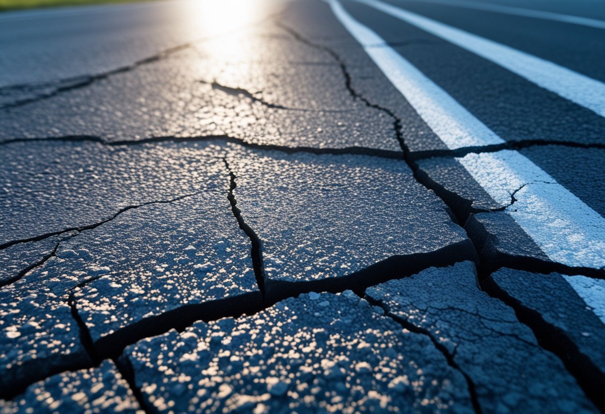 Close-up of an asphalt road surface showing cracks and fading caused by sun damage under a clear sky.