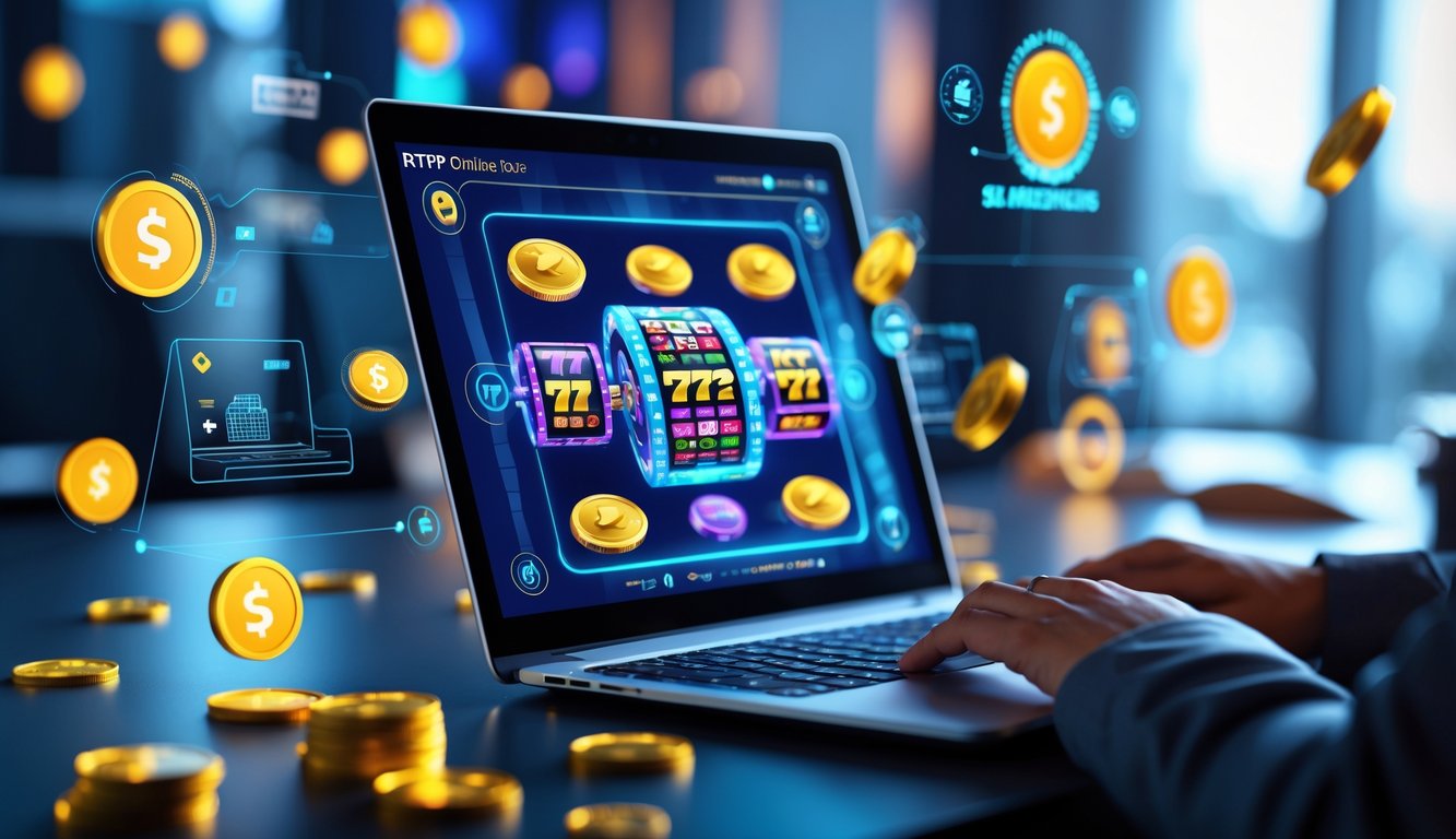 Seorang pengguna di depan laptop dengan tampilan permainan slot online berwarna-warni di layar, di ruang kerja modern dengan ikon digital yang menggambarkan koneksi dan transaksi aman.