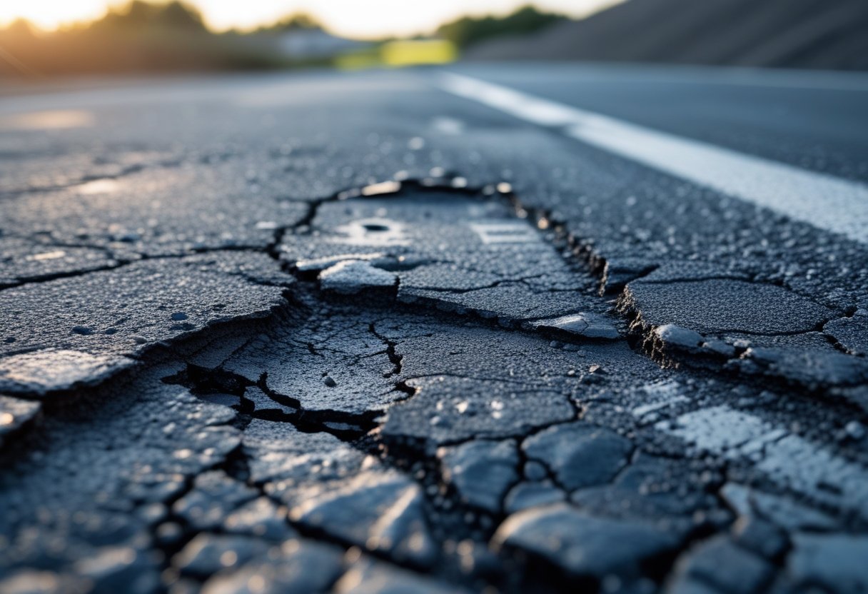 Close-up of an asphalt road surface with visible cracks, potholes, and worn areas.