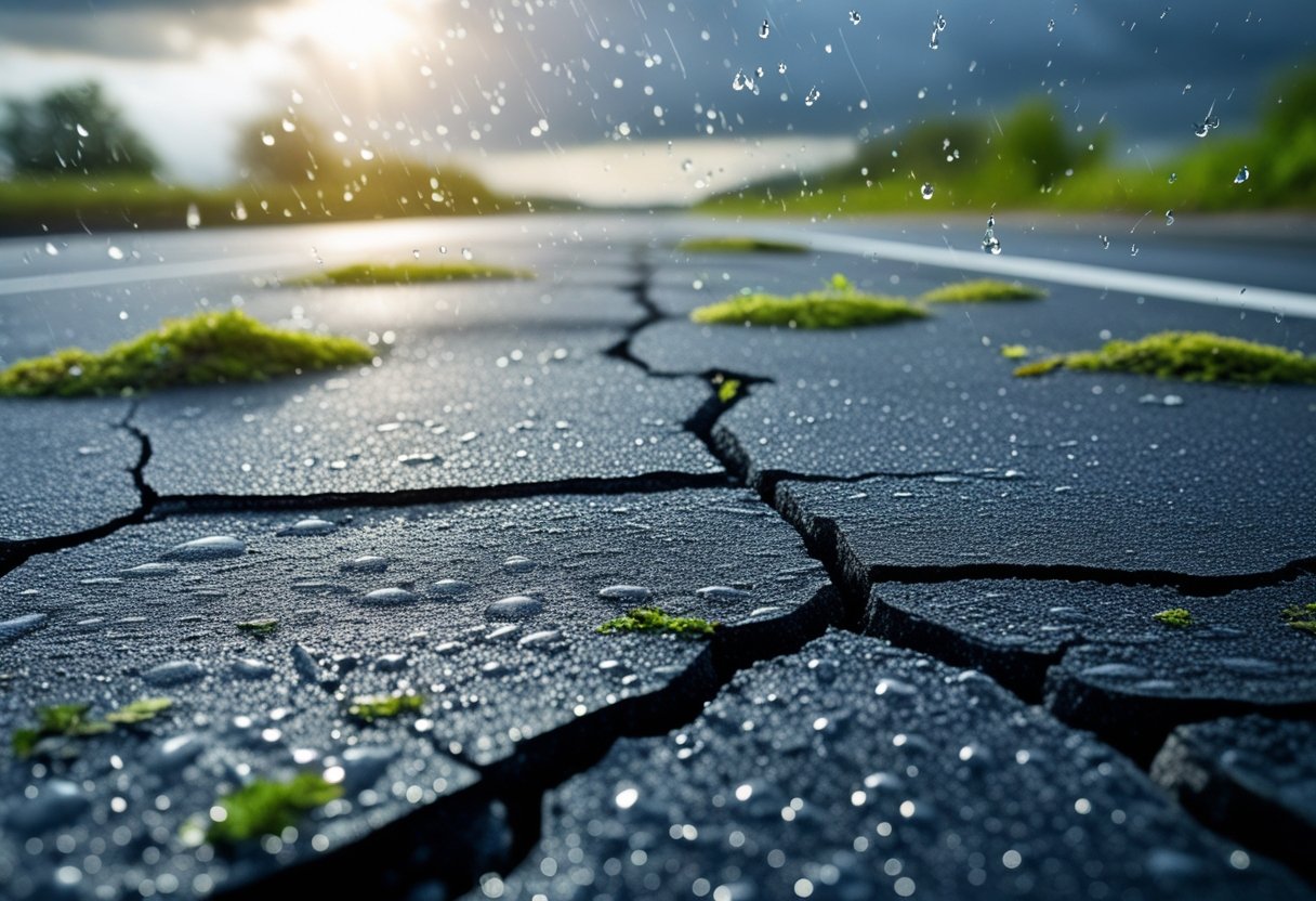 Close-up of a cracked and weathered asphalt road with rain, sunlight, wind-blown leaves, and small plants growing in the cracks.