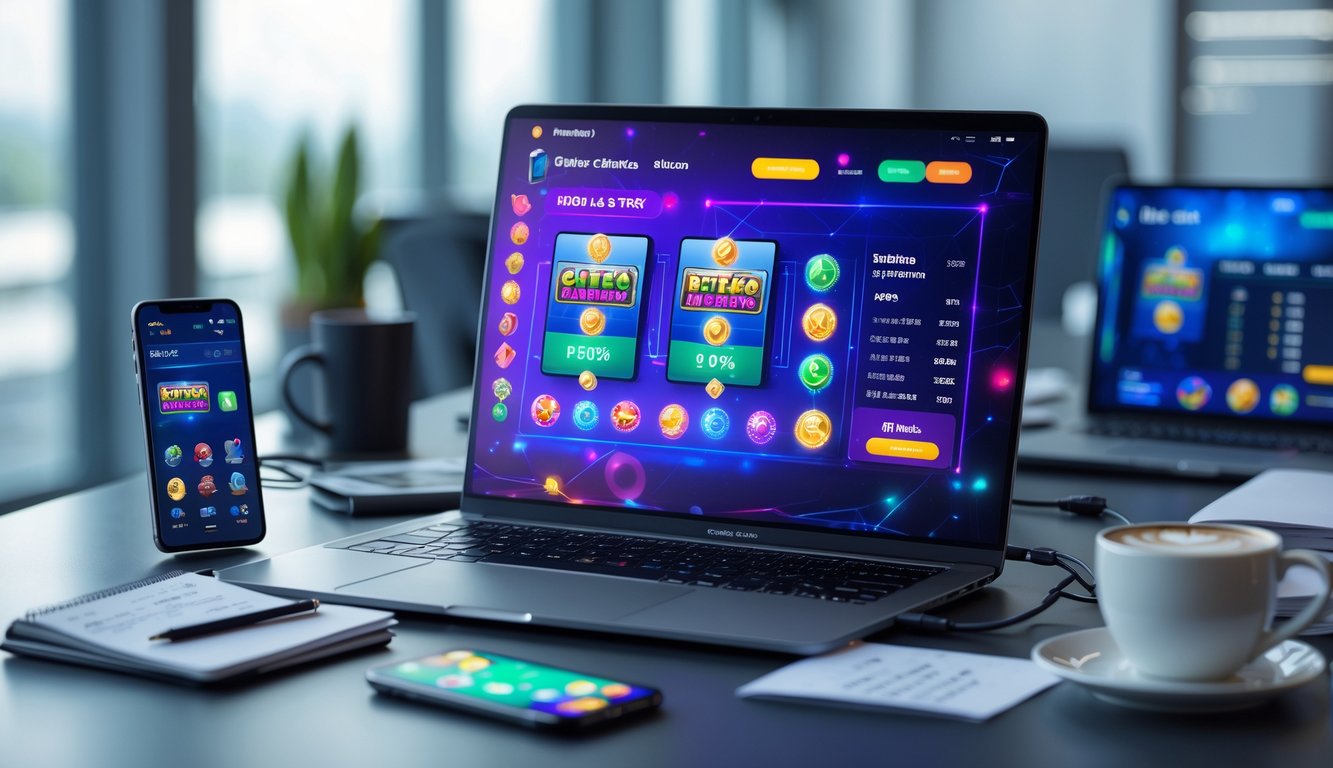 Meja kerja modern dengan laptop dan ponsel yang menampilkan aplikasi permainan daring, di ruangan kantor yang terang dan rapi.