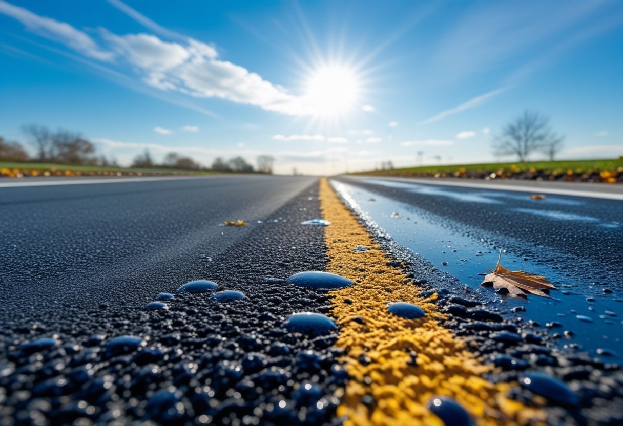 Close-up of an asphalt road showing dry, wet, and cracked sections under different weather conditions.