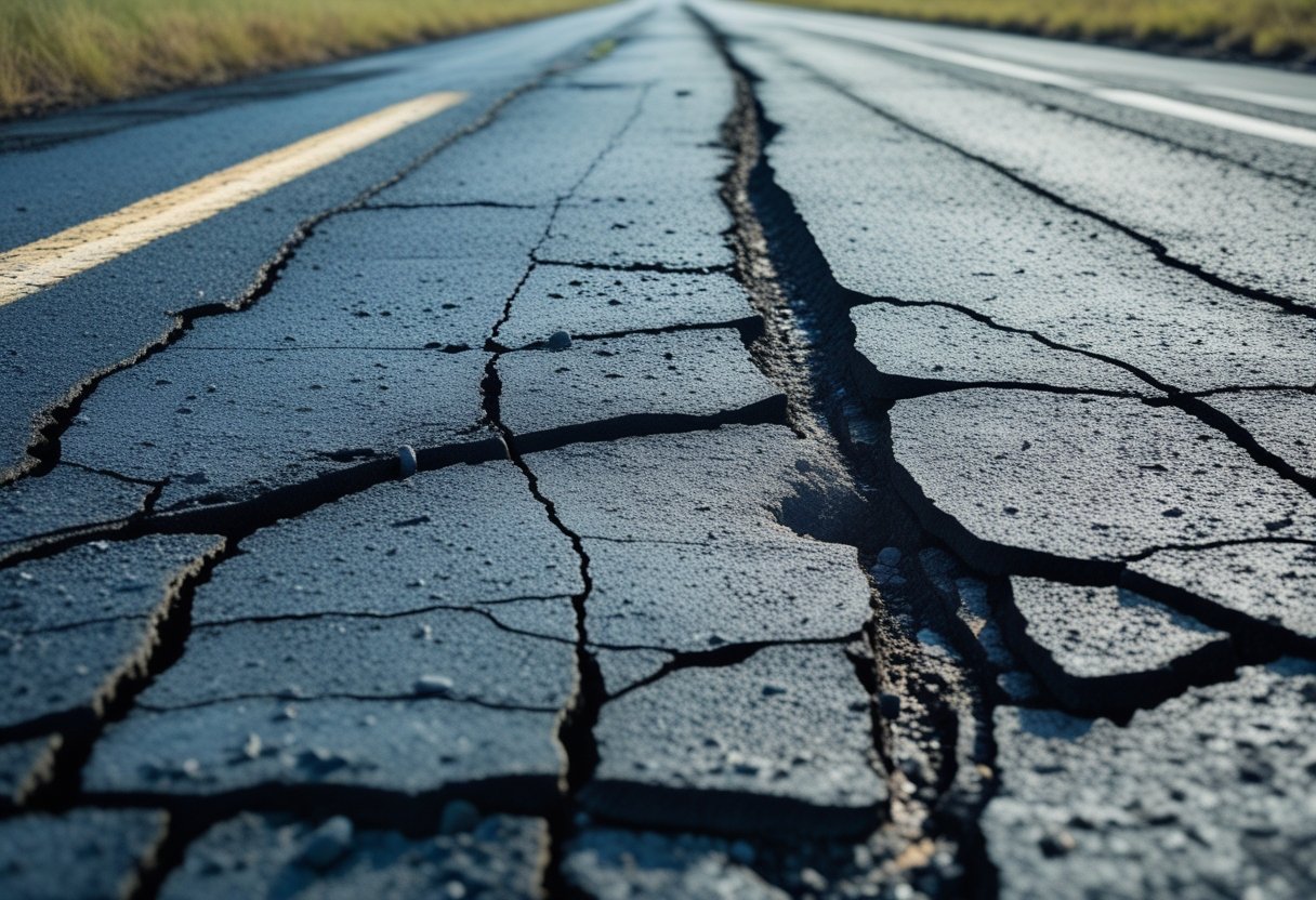 Close-up view of a cracked and worn asphalt road surface with visible damage and natural surroundings.