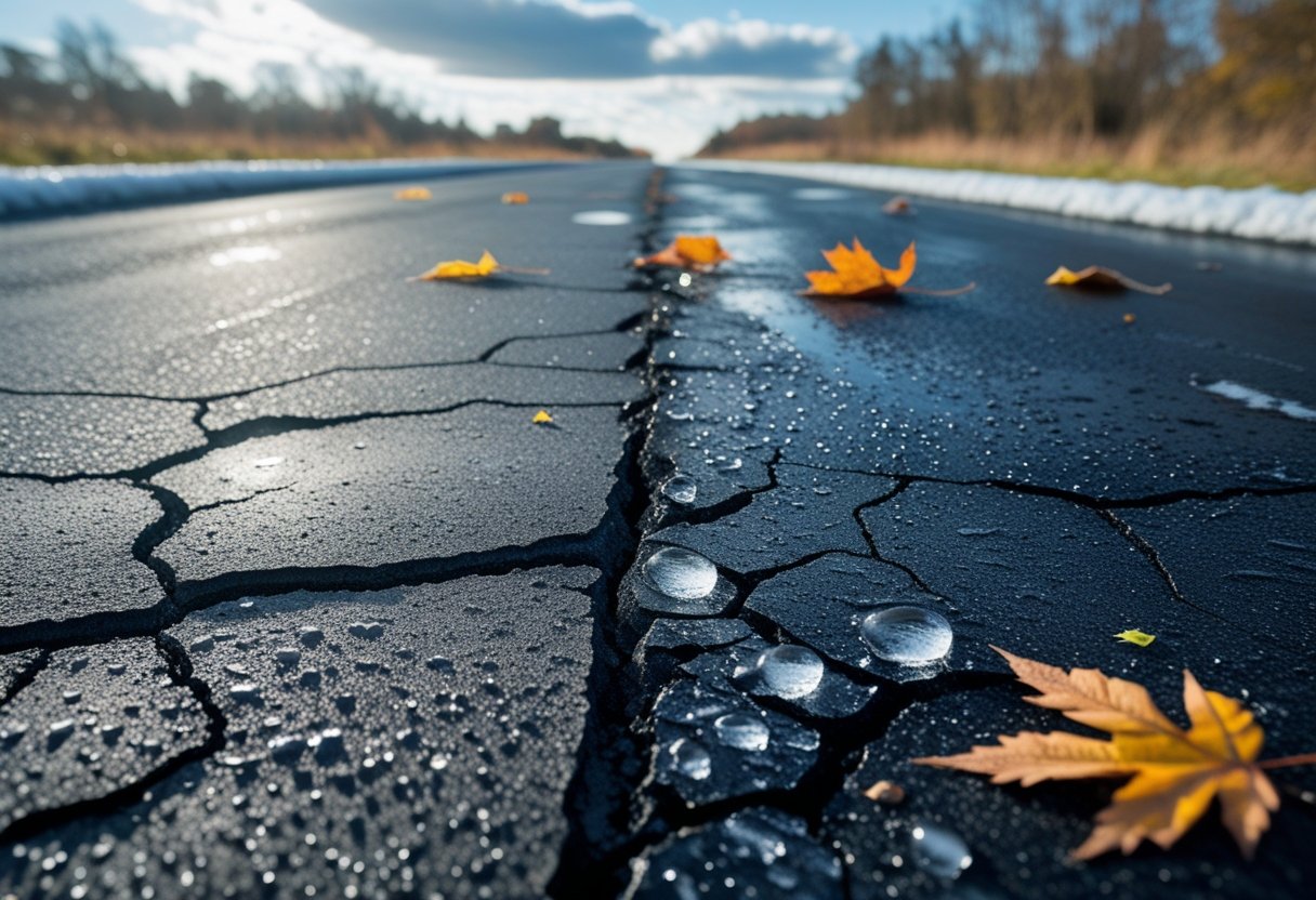 Close-up of an asphalt road with cracks, wet spots, frost, and fallen leaves under changing weather conditions.
