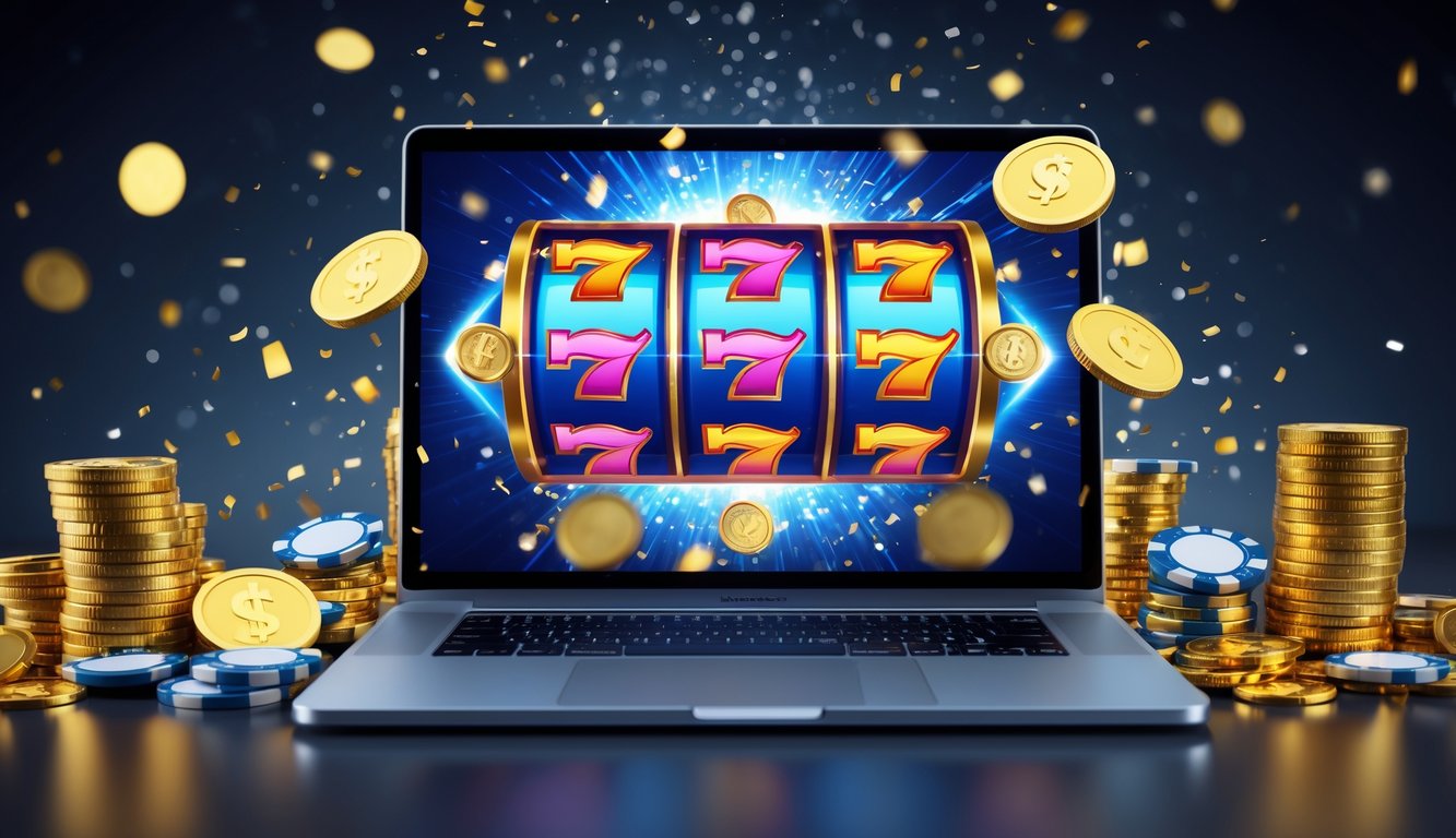 Seseorang sedang bermain permainan slot online dengan layar komputer menampilkan simbol jackpot dan koin emas di sekitarnya.