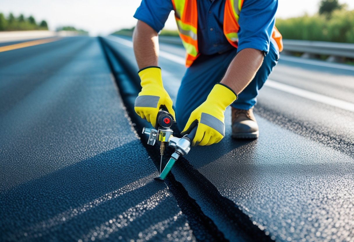 A worker in safety gear repairing cracks on an asphalt road with tools during the daytime.
