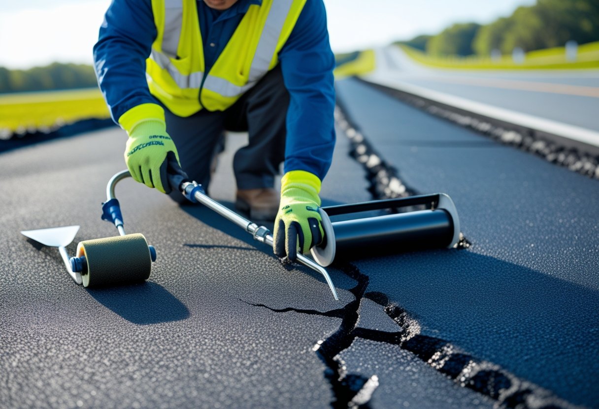 A worker in safety gear repairing cracks on an asphalt road with maintenance tools under a clear sky.