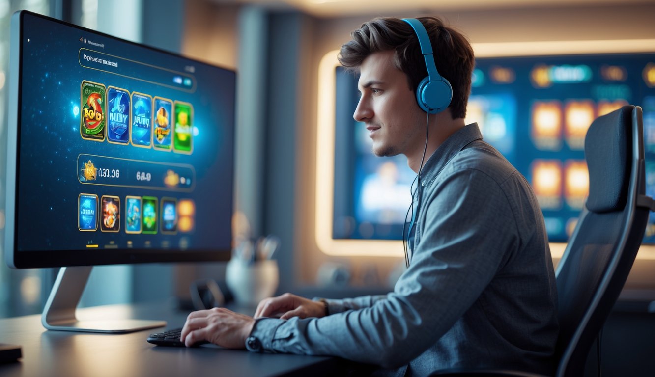 Seorang pria muda duduk di depan komputer di kantor modern, fokus pada layar yang menampilkan platform permainan daring.