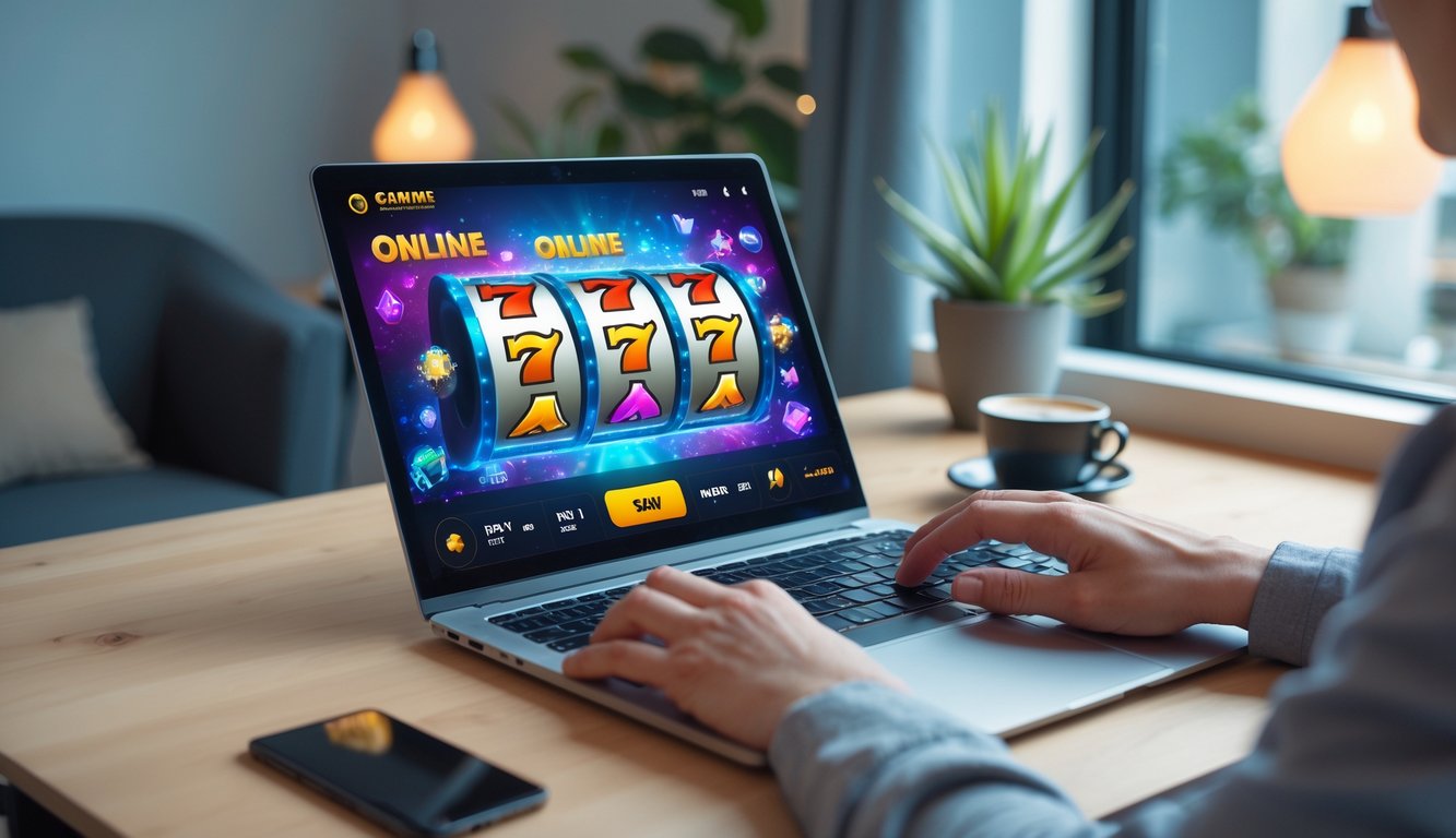 Seorang pengguna sedang bermain permainan slot online di laptop di meja kerja di dalam ruangan yang nyaman.