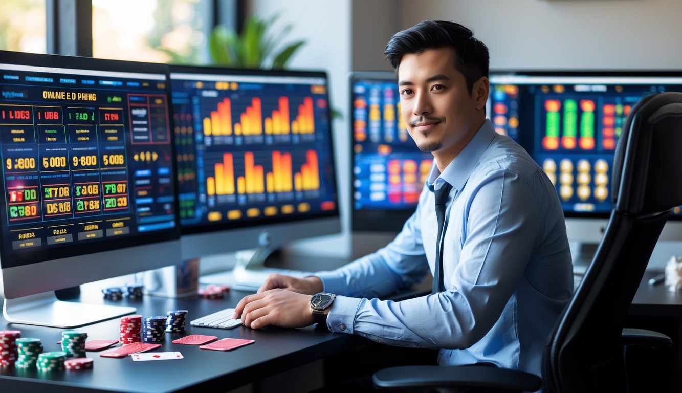 Seorang pria muda duduk di meja dengan beberapa layar komputer menampilkan grafik dan permainan slot online, tampak fokus dan percaya diri di ruang kerja modern.