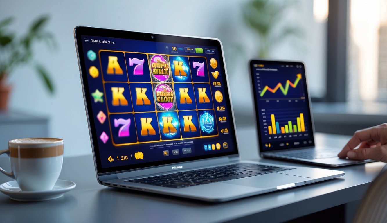 Seorang profesional duduk di depan laptop dengan tampilan permainan slot online dan grafik analitik di ponsel, di meja kerja yang rapi dengan cangkir kopi dan cahaya alami.